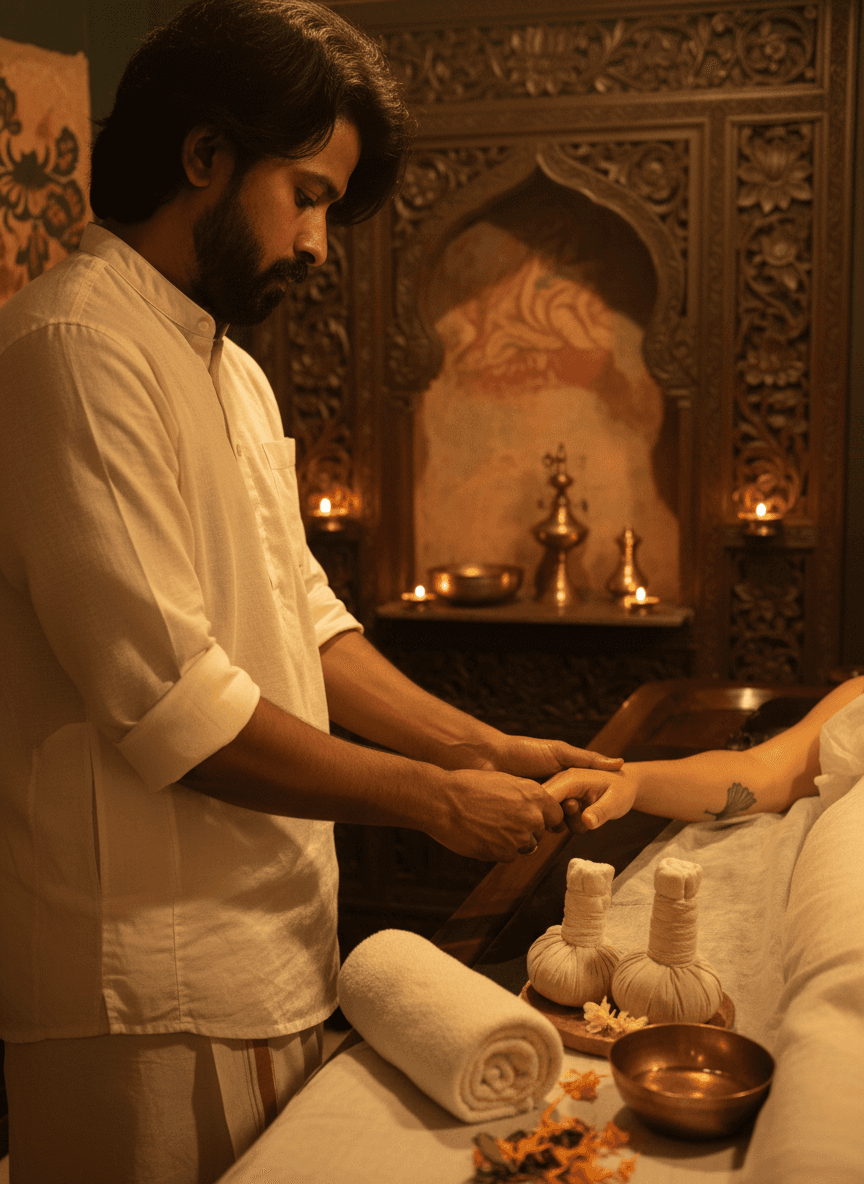 Naveen bei einer traditionellen Abhyanga-Massage